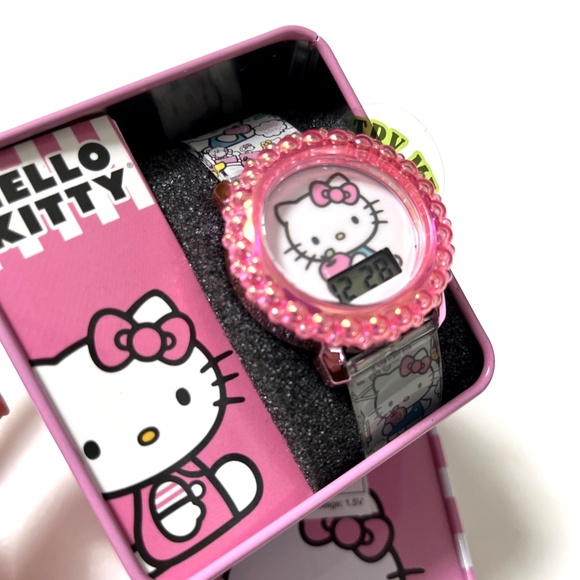 NIB Hello Kitty Digital LCD Watch Pink Rhinestone Faux Pearl Bezel Tin Box - Picture 2 of 4